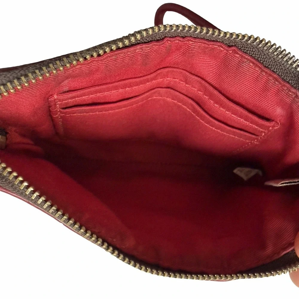 Coach Large Corner Zip Canvas Leather‎ Monogram Wristlet Brown Red Wallet F54629